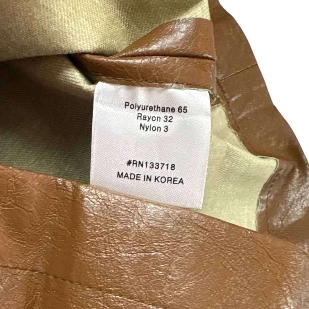 Mignon Doo Cropped Faux Leather Shiny Buttoned Blouse Top Brown Size Small